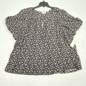 Angels Boho Floral Blouse Women's 3X Black White Short Flutter Sleeve Flowy NWT